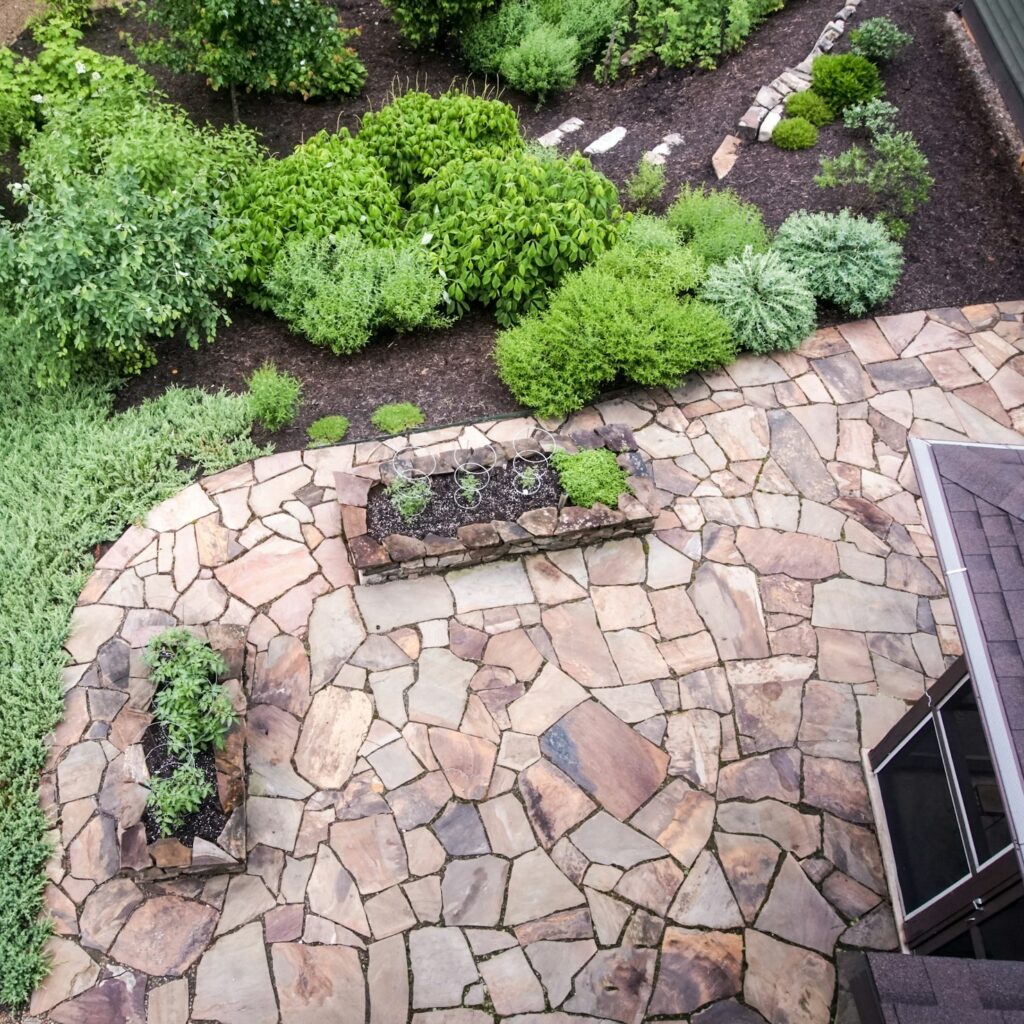 Bird's eye view of garden and patio with Tennessee Flagstone.